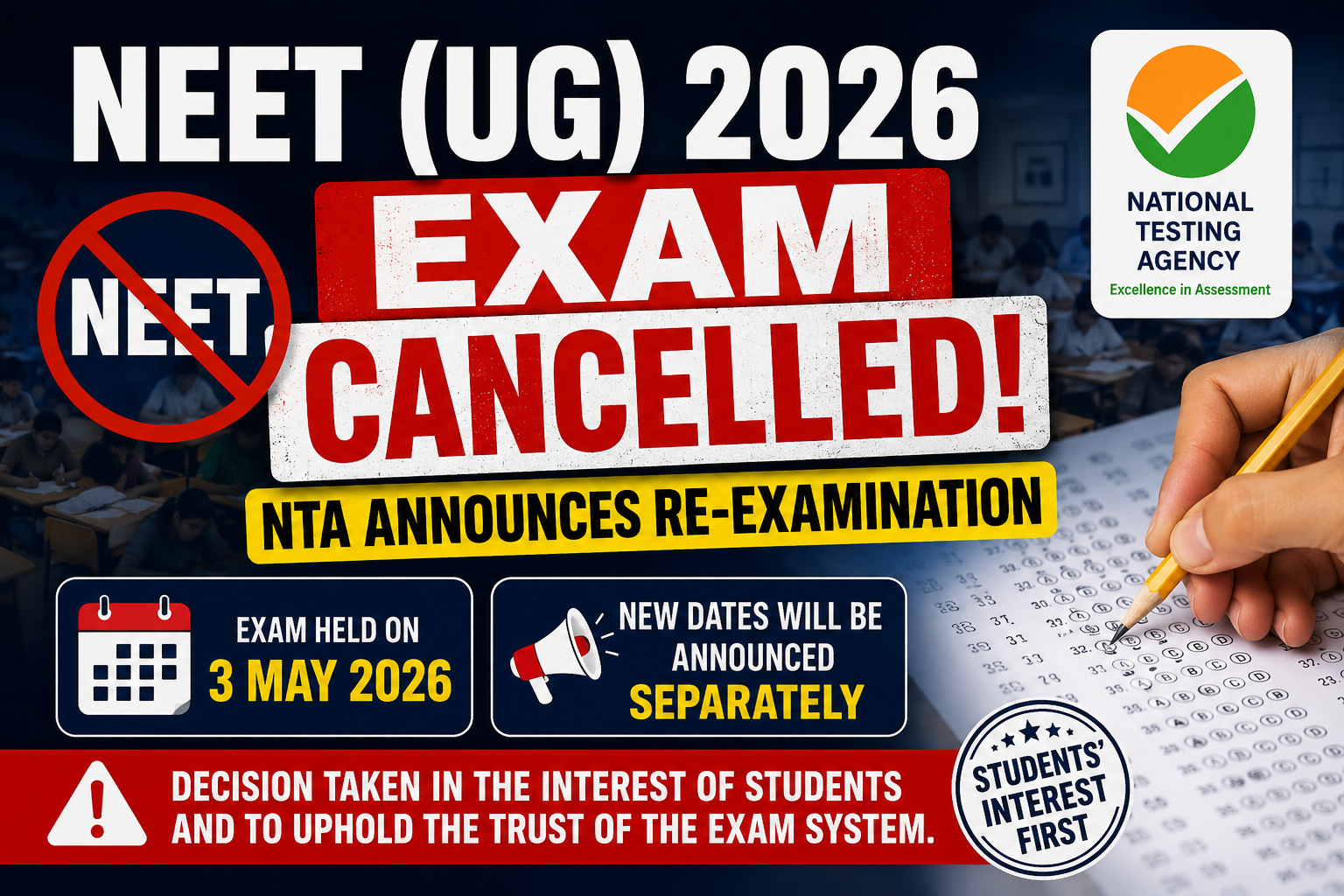 NEET UG 2026 Exam Cancelled: NTA Announces Re-Examination After Alleged Irregularities